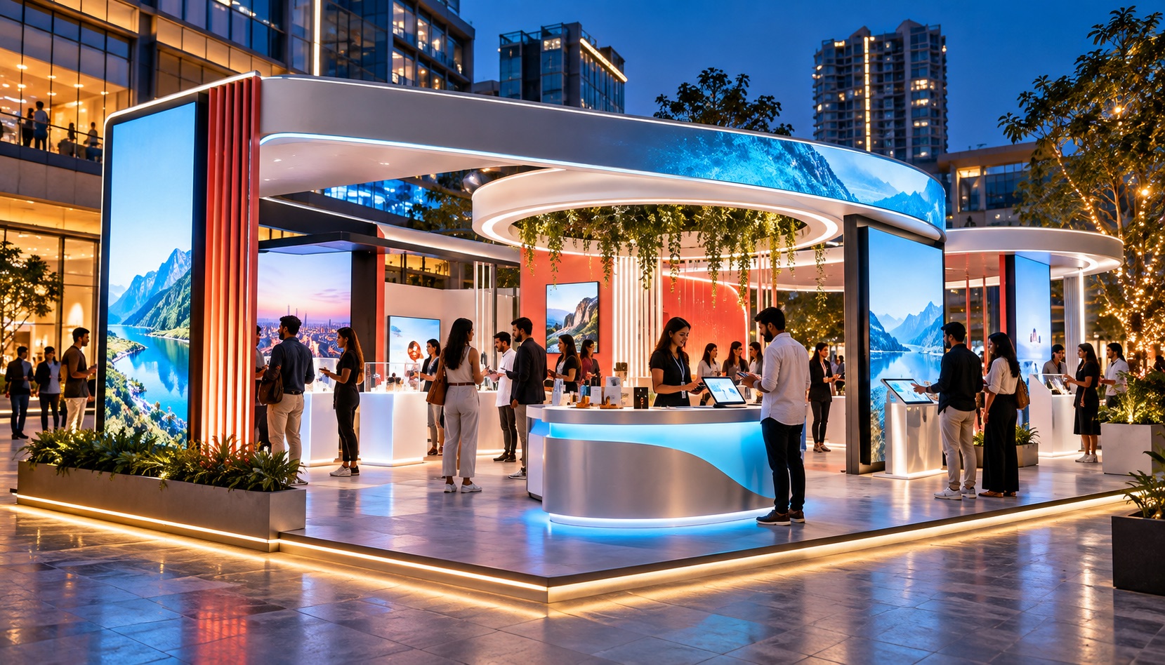 Outdoor activation concept with illuminated digital panels and visitors at dusk
