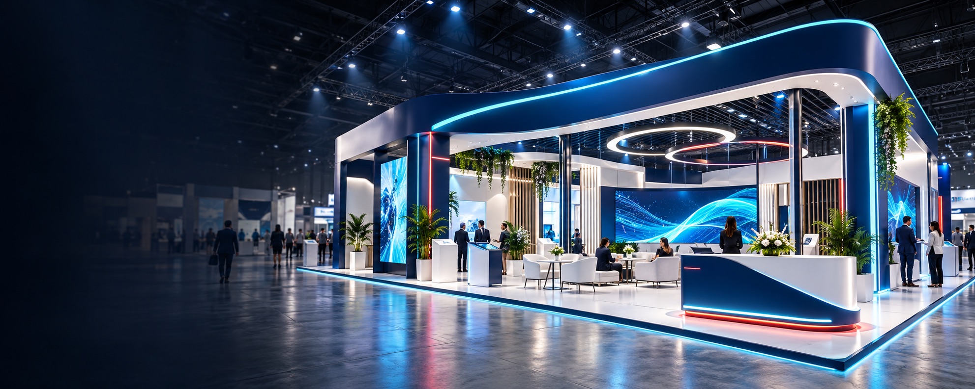 Architectural concept of a curved navy and cyan exhibition pavilion