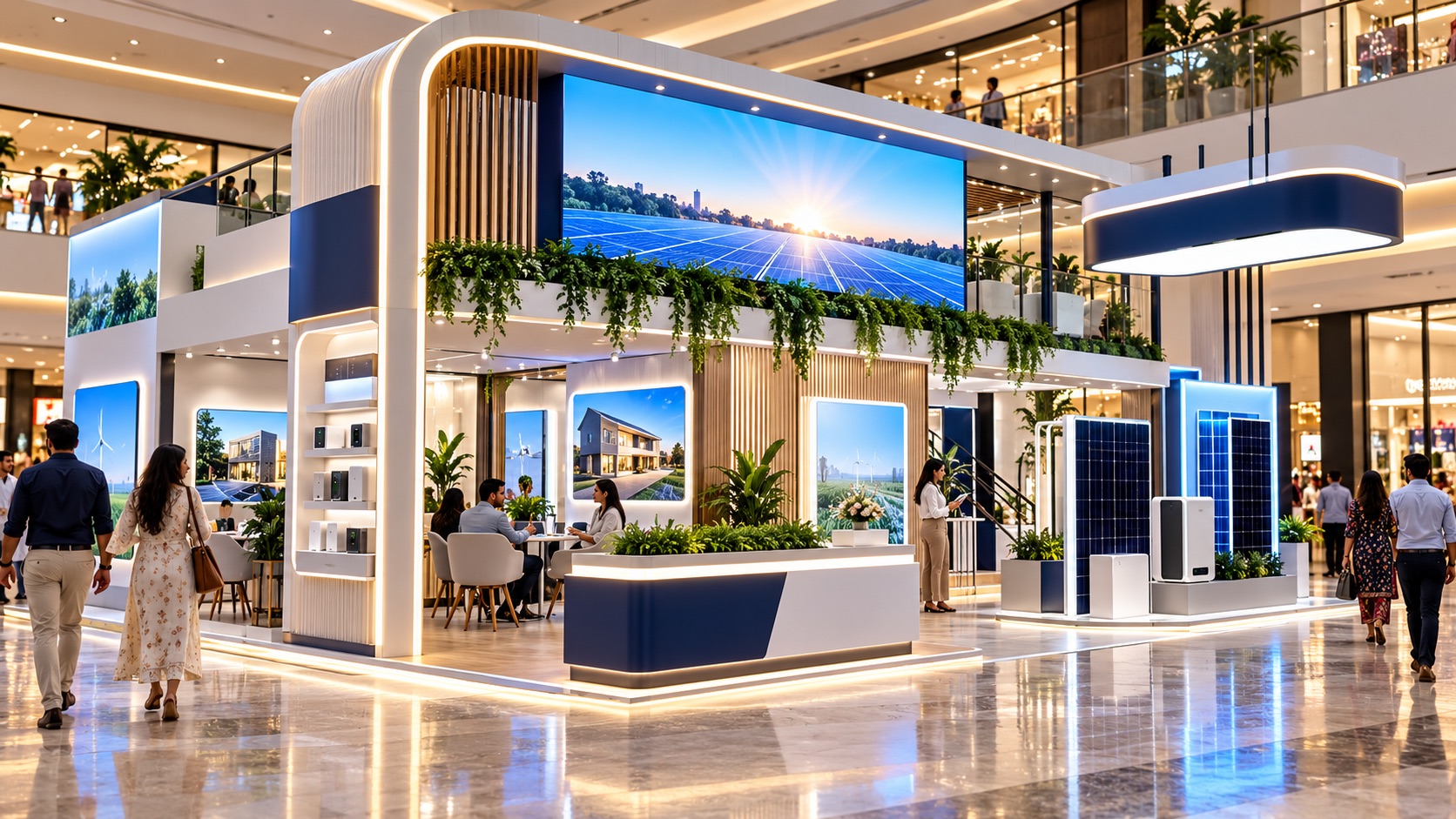 Retail experience concept with product displays, planting and illuminated panels